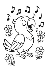 A singing parrot surrounded by musical notes and flowers.