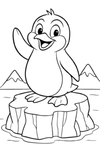 A smiling penguin waving hello with its flipper on a snowy iceberg.