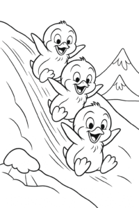 A group of playful penguin chicks sliding down an icy hill together.