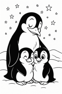A penguin family huddling close for warmth beneath twinkling stars.