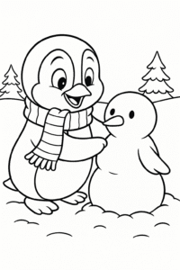A penguin wearing a colorful scarf while building a snow-penguin.
