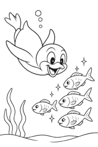 A happy penguin diving underwater, chasing a school of sparkling fish.