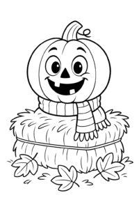 A friendly Jack-o-lantern with big round eyes and a toothy grin, wearing a striped scarf and sitting atop a hay bale surrounded by leaves.