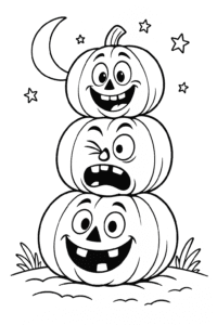 Three silly pumpkins stacked on top of each other like a snowman, each carved with a different funny face, under a twinkling crescent moon.