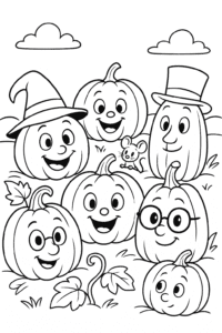 A playful pumpkin patch scene with pumpkins of all shapes and sizes, some with hats and some with glasses, and a little mouse peeking out from behind one.