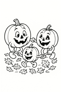 A pumpkin family—big, medium, and tiny—each with unique Jack-o-lantern faces, holding hands and dancing in a ring of autumn leaves.