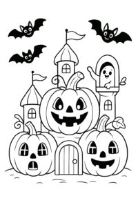 A magical Jack-o-lantern castle with windows and doors carved into pumpkins, friendly bats flying overhead, and a tiny ghost waving from a window.