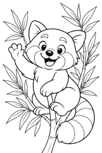 A smiling red panda waving hello from a leafy bamboo tree.