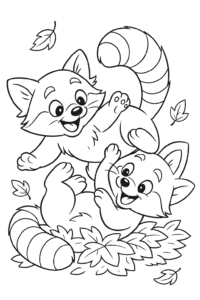 Two red pandas playing together, tumbling in a pile of autumn leaves.