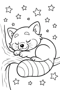 A red panda curled up for a cozy nap on a tree branch under the stars.