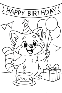 A red panda wearing a party hat and holding balloons at a birthday celebration.