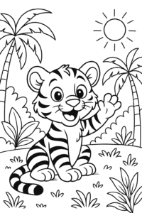 A friendly tiger cub waving hello in a sunny jungle clearing