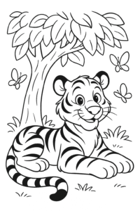 A tiger lounging under a leafy tree with butterflies fluttering around