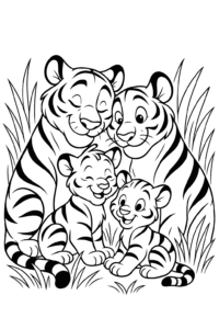 A family of tigers cuddling together in tall grass