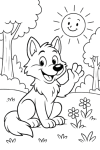 A smiling wolf waving hello in a sunny forest clearing.