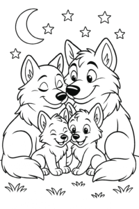 A family of wolves cuddling together under a starry night sky.