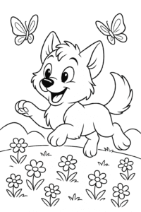 A playful wolf pup chasing butterflies in a flower-filled meadow.