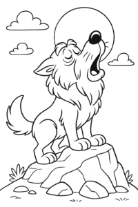 A wise old wolf howling at the full moon on a rocky hill.