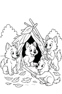 A group of wolf friends building a den with sticks and leaves.
