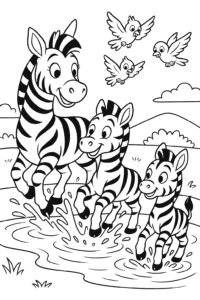 A family of zebras splashing near a sparkling watering hole with birds flying overhead.