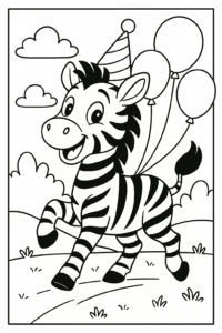 A playful zebra wearing a party hat and surrounded by colorful balloons on a birthday adventure.