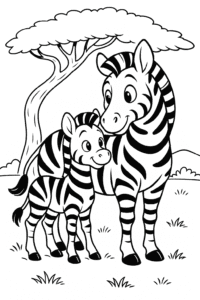 A baby zebra cuddling up to its mother under the shade of an acacia tree.