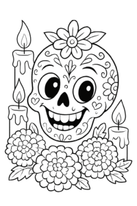 A smiling sugar skull decorated with flowers and swirls, surrounded by candles and marigolds.