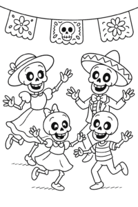 A friendly skeleton family wearing bright costumes, dancing under festive papel picado banners.