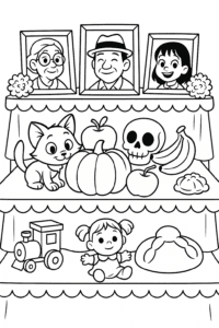 A big altar (ofrenda) filled with photos, fruits, and toys, with a playful cat peeking behind a pumpkin.