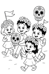 Children wearing flower crowns and holding colorful Day of the Dead masks, marching in a parade.