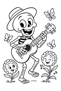 A cheerful skeleton musician playing a guitar, with dancing marigolds and fluttering butterflies nearby.