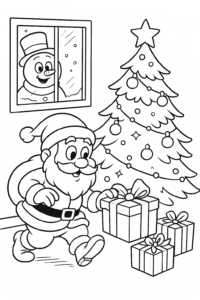 Father Christmas tiptoeing through a living room, leaving presents by a twinkling Christmas tree while a friendly ghostly snowman peeks from outside the frosty window.