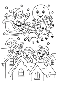 Father Christmas riding in his sleigh pulled by reindeer over a moonlit, snow-covered village with giggling elves waving from rooftops.