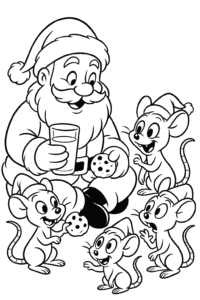 Father Christmas sharing milk and cookies with a group of playful, Christmas mice wearing tiny Santa hats.