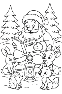 Father Christmas reading a magical storybook to a circle of enchanted woodland animals gathered around a glowing lantern in the snowy forest.