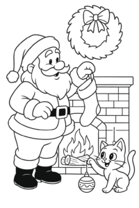 Father Christmas hanging a stocking on a fireplace as a cheeky Christmas cat bats at a gently floating, shimmering ornament.