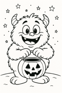 A cuddly, round monster with fluffy fur, big eyes, and a wide grin, holding a pumpkin-shaped treat bucket under a twinkling starry sky.