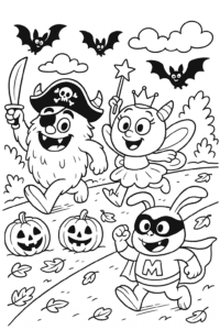Three silly monsters in costumes—a pirate, a fairy, and a superhero—parading down a leafy path with friendly bats and smiling jack-o-lanterns.