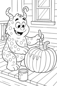 A gentle monster with polka dots and two wiggly horns, painting a giant pumpkin with rainbow colors on a cozy porch.