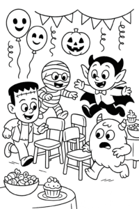 A group of mini monsters playing musical chairs at a Halloween party, surrounded by balloons, streamers, and treats.