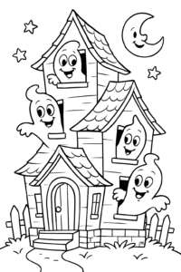 Spooky Ghosts appearing from a haunted house at Halloween