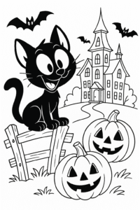 A black cat and Halloween pumpkins in front of a haunted house
