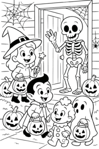 A skeleton opening the door of his haunted house with kids trick or treating