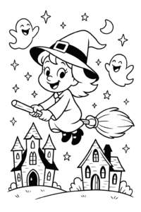 A friendly witch flying over a haunted house