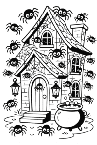 Spooky spiders crawling on a haunted house at Halloween