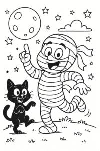 A silly mummy dancing with a black cat under a starry Halloween sky.
