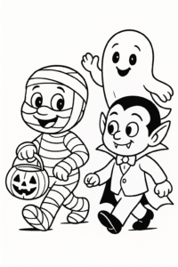 A friendly mummy holding a pumpkin treat bucket while trick-or-treating with ghost and vampire friends.
