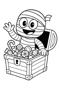 A mummy with big googly eyes popping out of a treasure chest filled with candy.