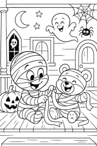 A tiny mummy wrapping its teddy bear in bandages, both giggling on a haunted porch.