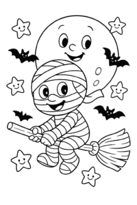 A mummy riding a broomstick across the moon with bats and smiling stars.